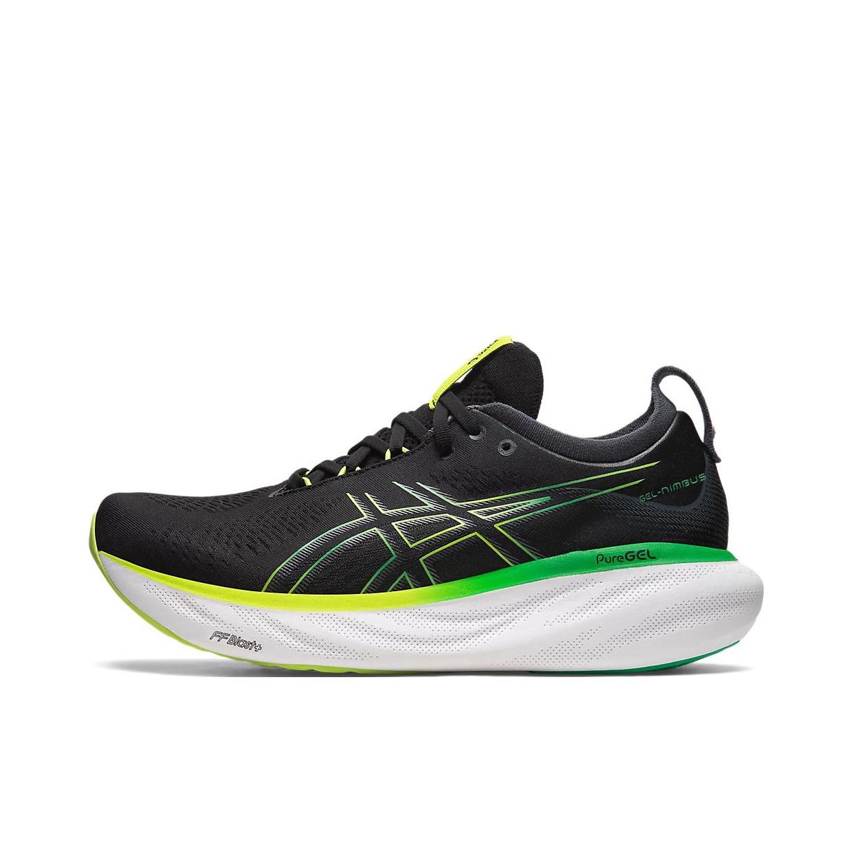 推荐商品：Asics/亚瑟士 Gel-Nimbus 25 跑鞋 稳定支撑缓震回弹舒适透气防滑耐磨防水织物轻量 黑色/绿色/黄色
