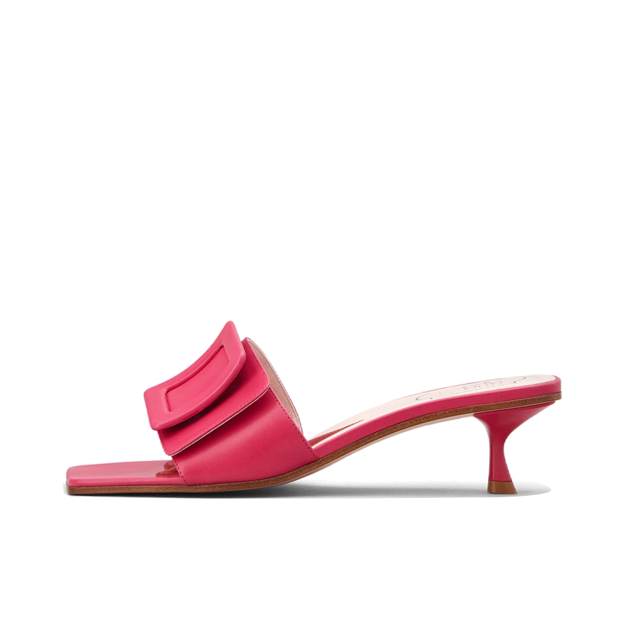 推荐商品：Roger Vivier 休闲简约 时尚舒适 舒适平底 金属饰扣 一字 金属扣 方头露趾 穆勒 高跟鞋 RVW62631090TRPC019粗跟 粉红色