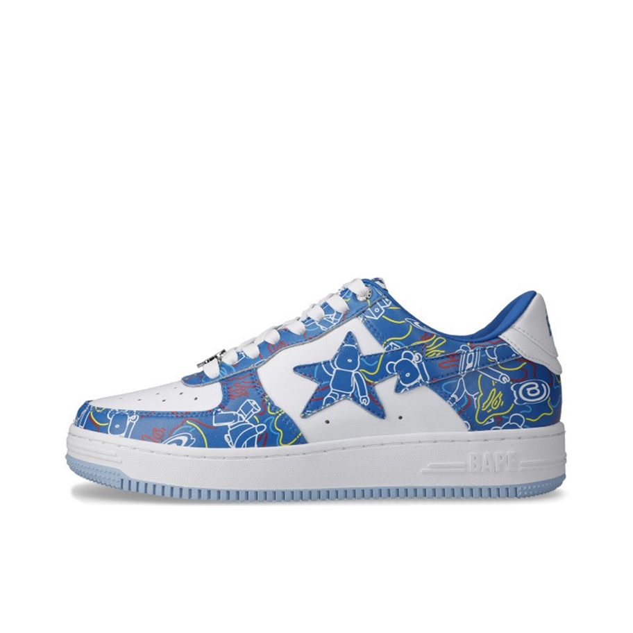 推荐商品：Bape Sta 板鞋 拼接舒适皮革防滑耐磨系带圆头时尚简约复古百搭牛皮压纹平跟徽标星星图案 蓝色/白色/迷彩色