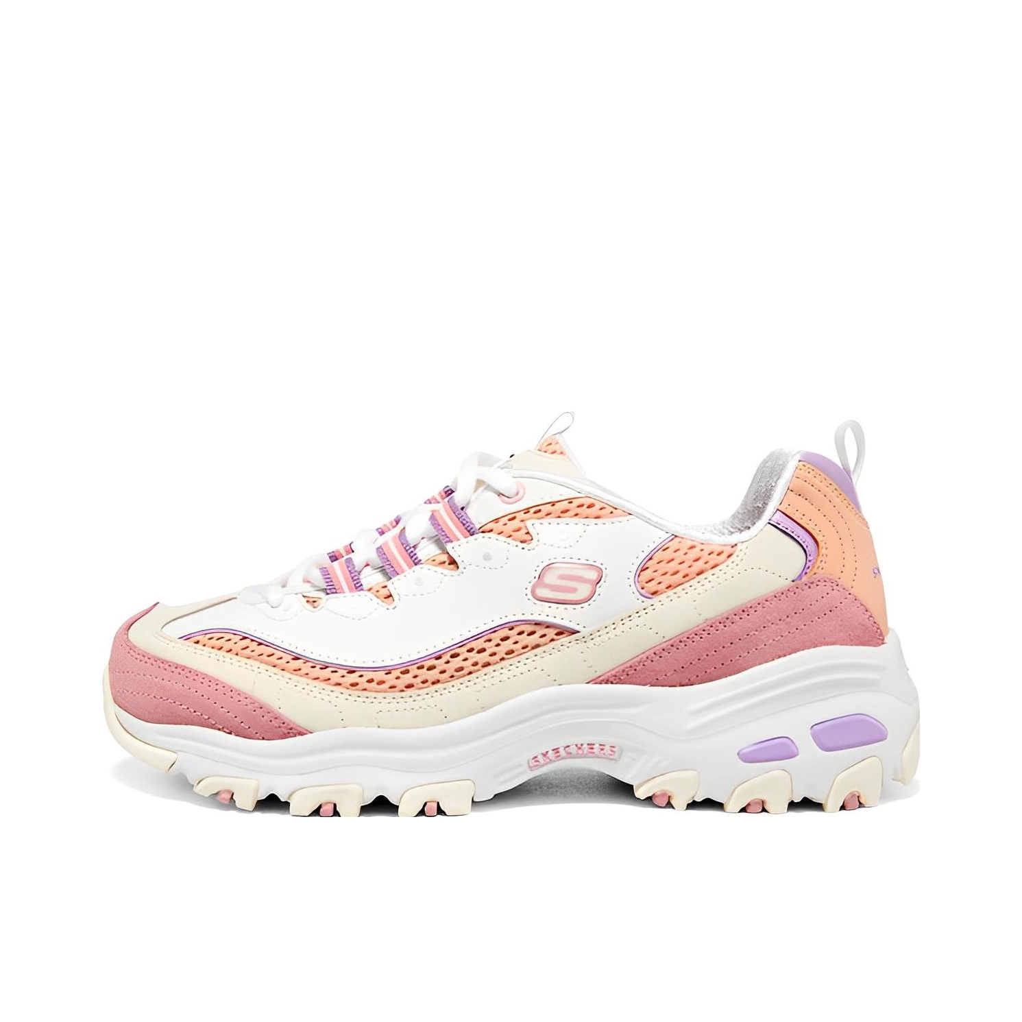 推荐商品：Skechers/斯凯奇 D'Lites 1.0 奶茶熊 熊猫鞋 老爹鞋 闪穿鞋 厚底增高复古缓震百搭 女款/珊瑚色/紫色