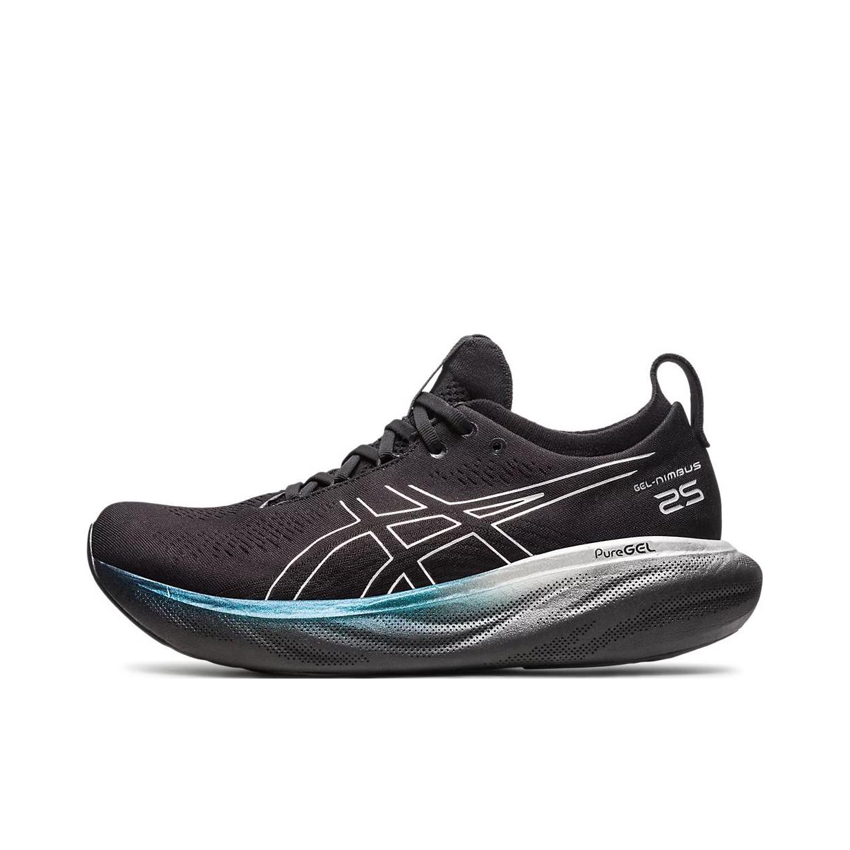 推荐商品：Asics/亚瑟士 Gel-Nimbus 25 跑鞋 稳定支撑缓震回弹舒适透气防滑耐磨防水织物轻量 男款/黑色/蓝色