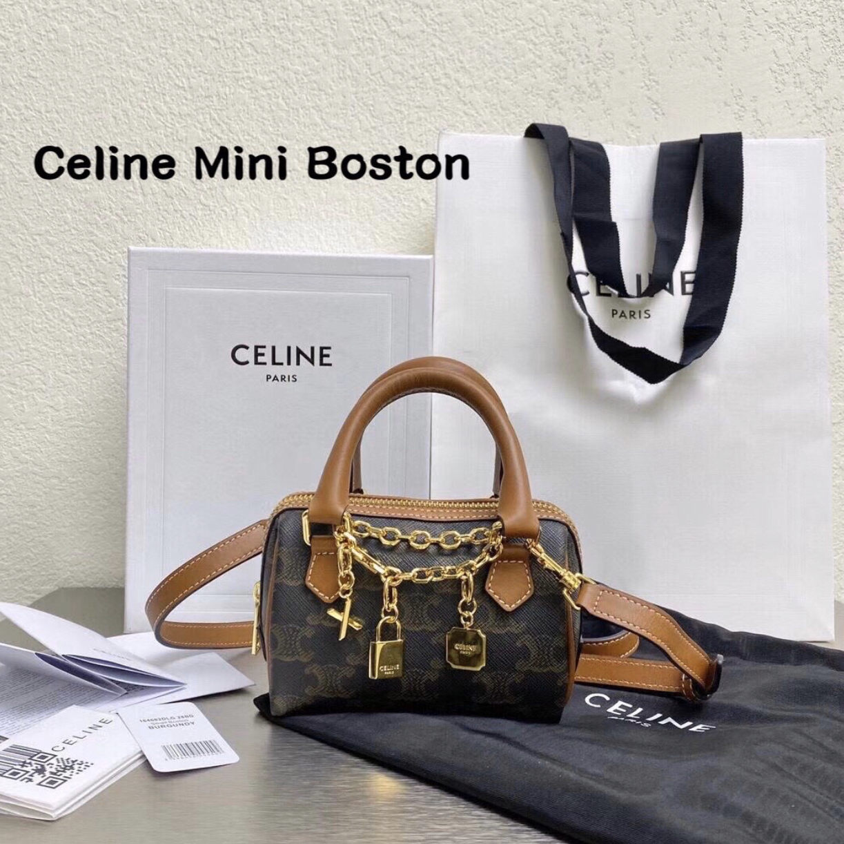 CELINE 凯旋门帆布小牛皮金属链迷你波士顿包单肩手提包 分享