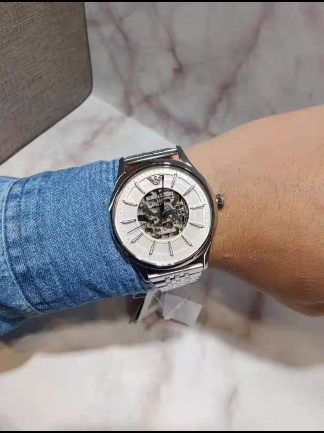 Armani/阿玛尼 43mm 白盘钢带时尚休闲镂空防水自动机械男士手表推荐