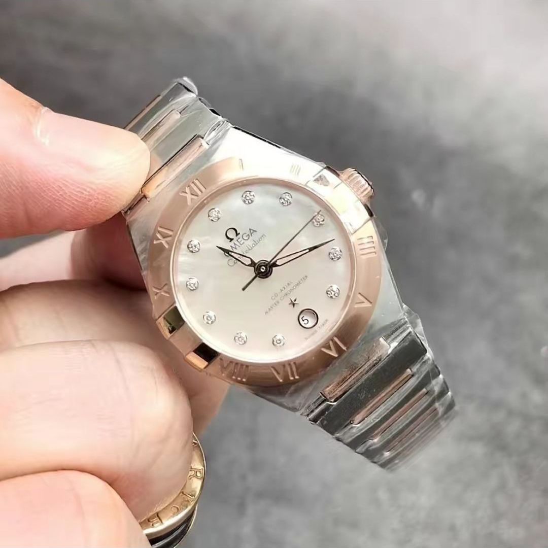 OMEGA/欧米茄 星座系列 29mm 至臻天文台18K金表壳18K金表链镶钻表盘自动机械女式手表推