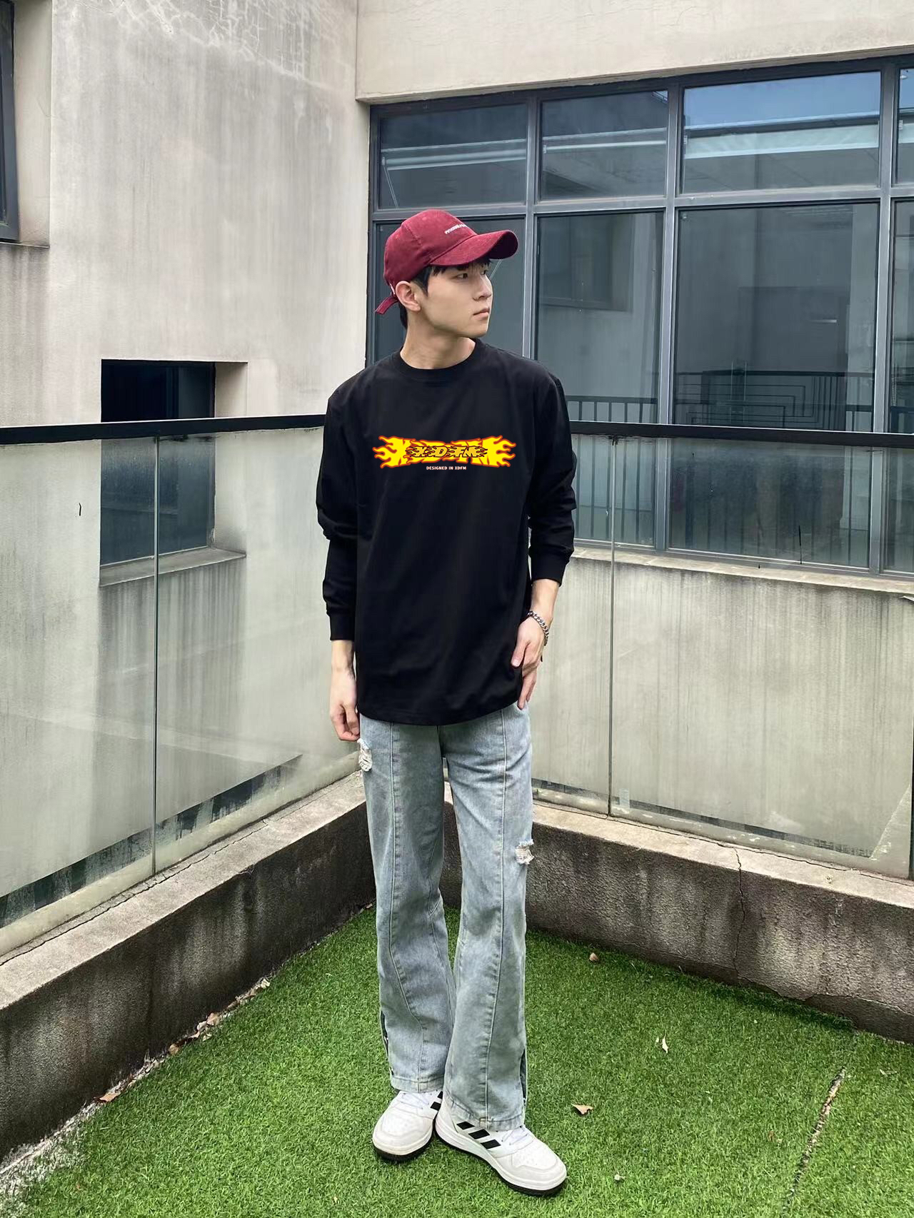 XDFM美式纯棉重磅圆领长袖T恤字母火焰印花vintage高街宽松简约休闲打底衫