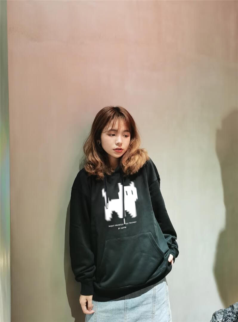 XDFM小众虚影小猫印花宽松休闲oversize高街帽衫情侣外套美式重磅连帽卫衣