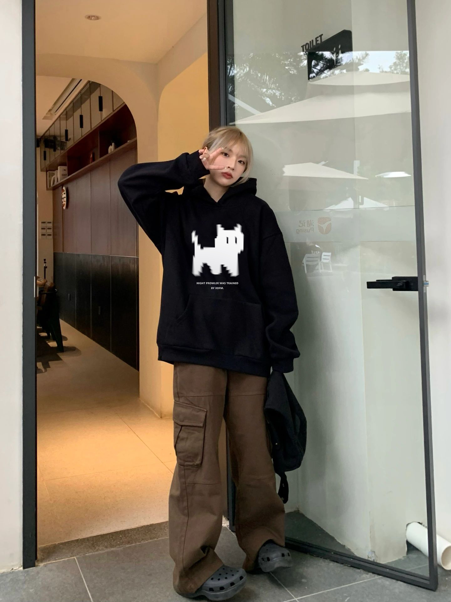 XDFM 美式连帽卫衣小猫印花重磅长袖高街帽衫oversize小众上衣