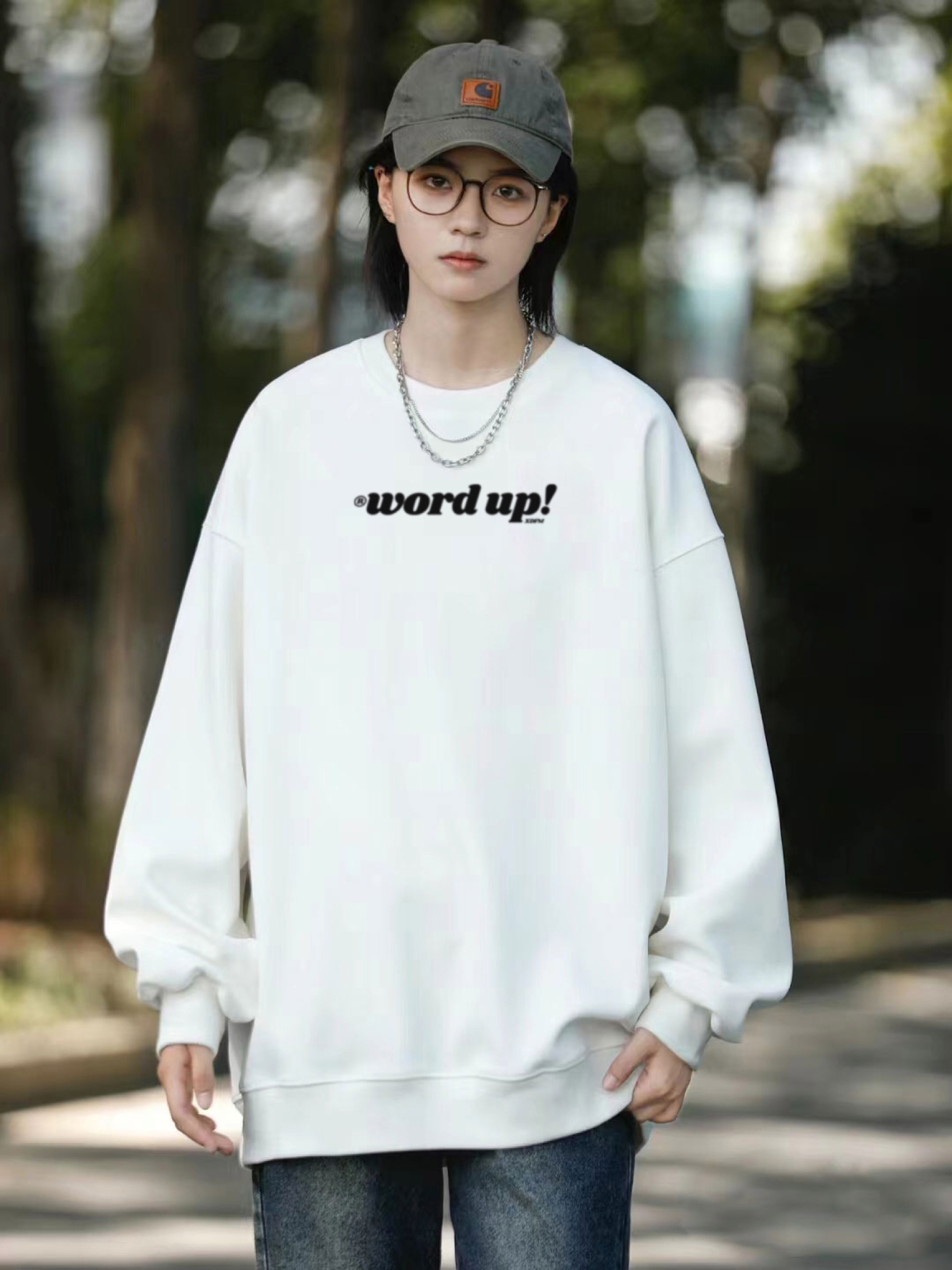 XDFM复古圆领套头卫衣M字母印花420g重磅长袖宽松美式休闲高街上衣秋冬季