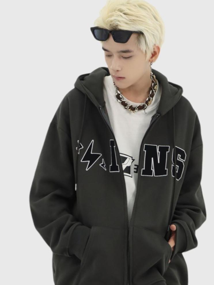 推荐商品：NOPASS 大字母大LOGO开衫情侣宽松加绒拉链外套卫衣 男女同款 深灰