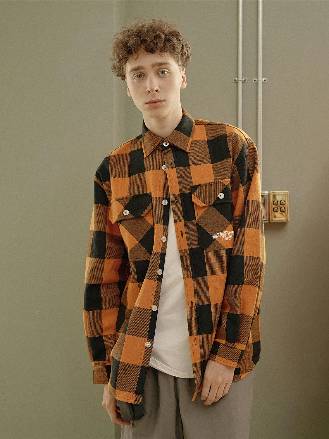 推荐商品：STNW 美式街头纯棉字母刺绣加厚格子衬衫 男女同款 橙