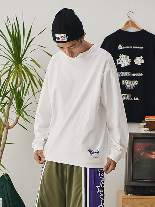 推荐商品：Battles 美式街头纯棉打底长袖圆领T恤 男女同款 白