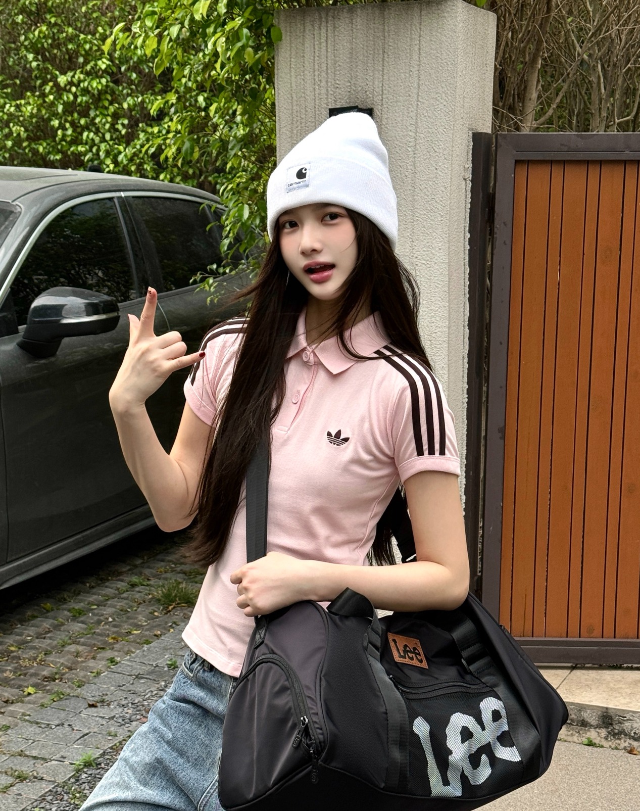 Lee黑包+阿迪粉polo衫｜美式少女甜酷感