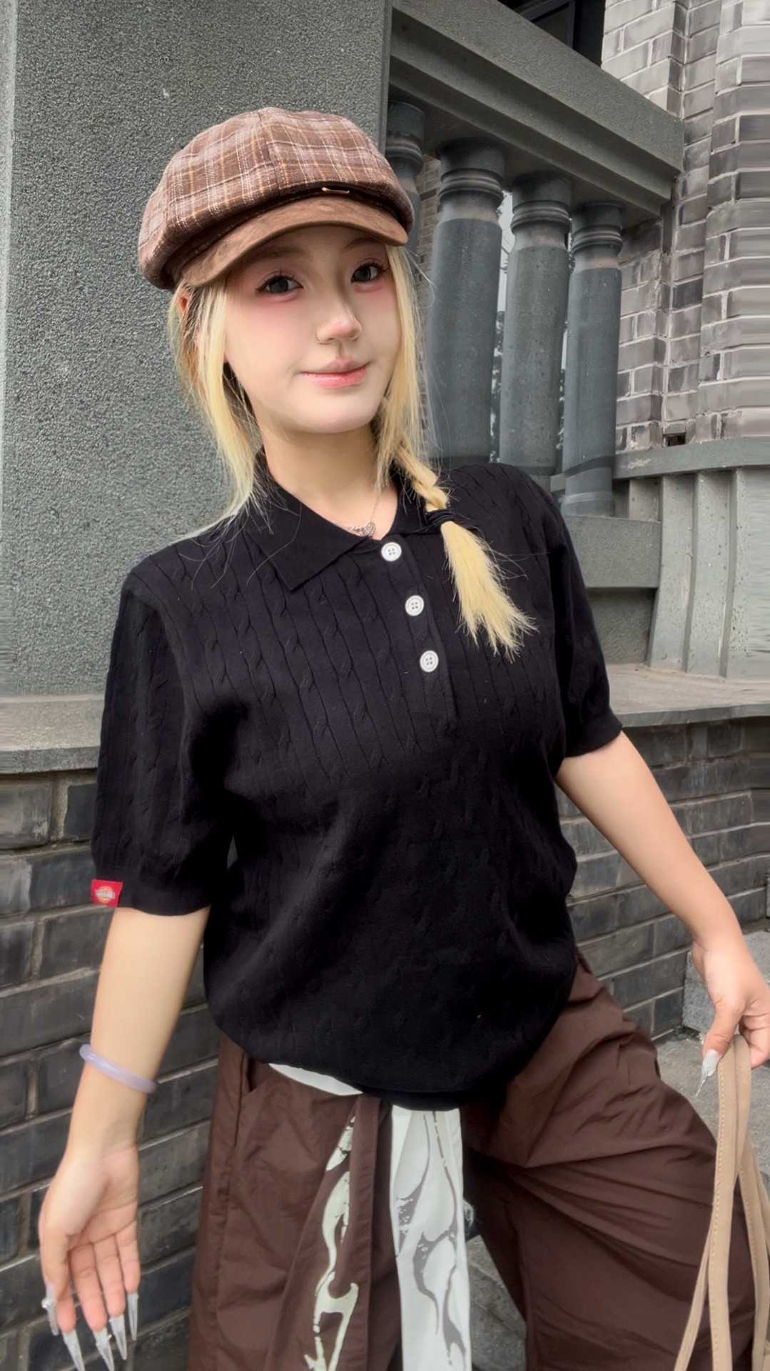 复古麻花纹黑色polo短袖