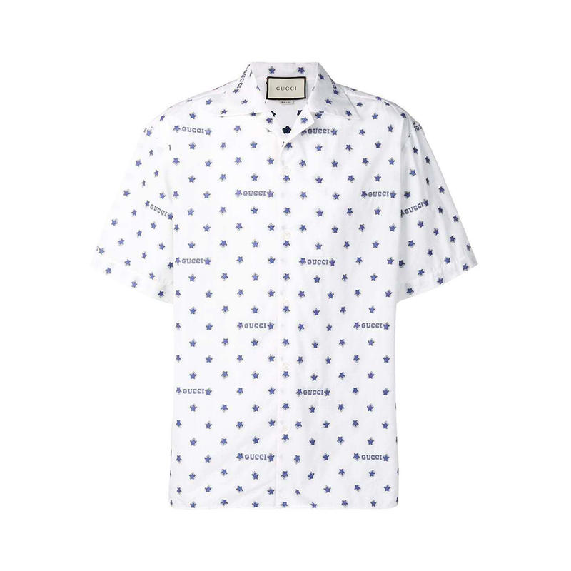 Gucci/古驰 LOGO蓝色星星图案休闲短袖衬衫
