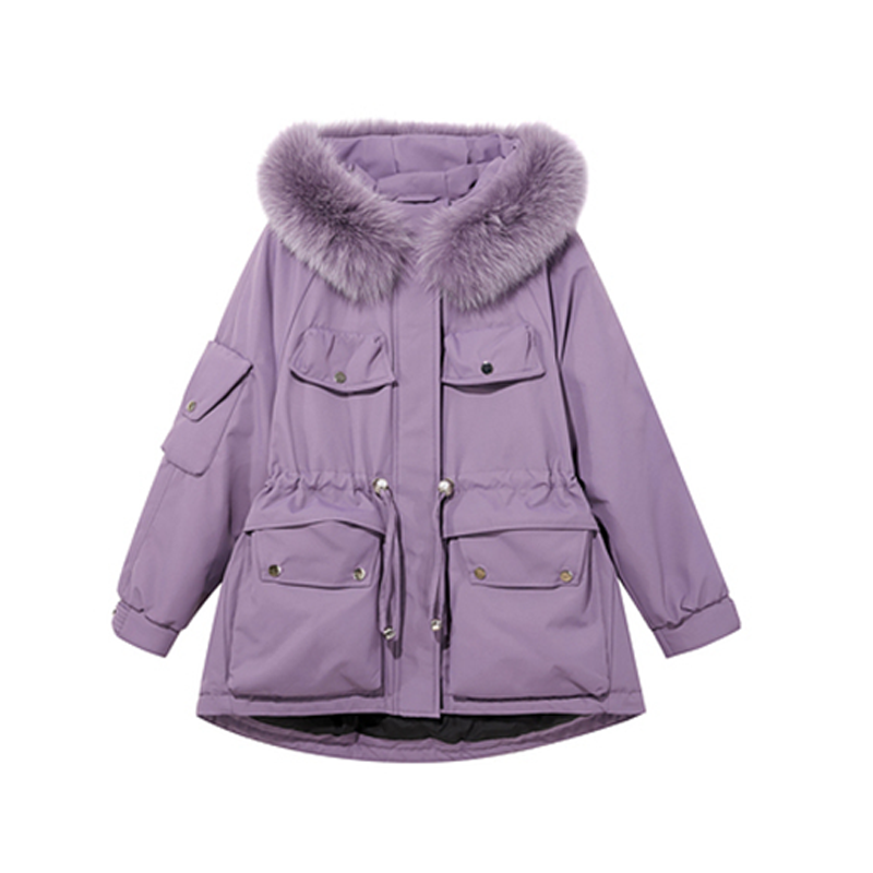三彩 紫色狐狸真毛领工装风羽绒服 女装 D046401Y10