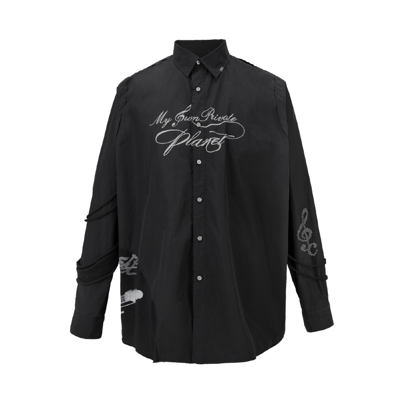 C2H4 吉他印花拼接条带闪粉印花毛边衬衫 男女同款 R003-017T