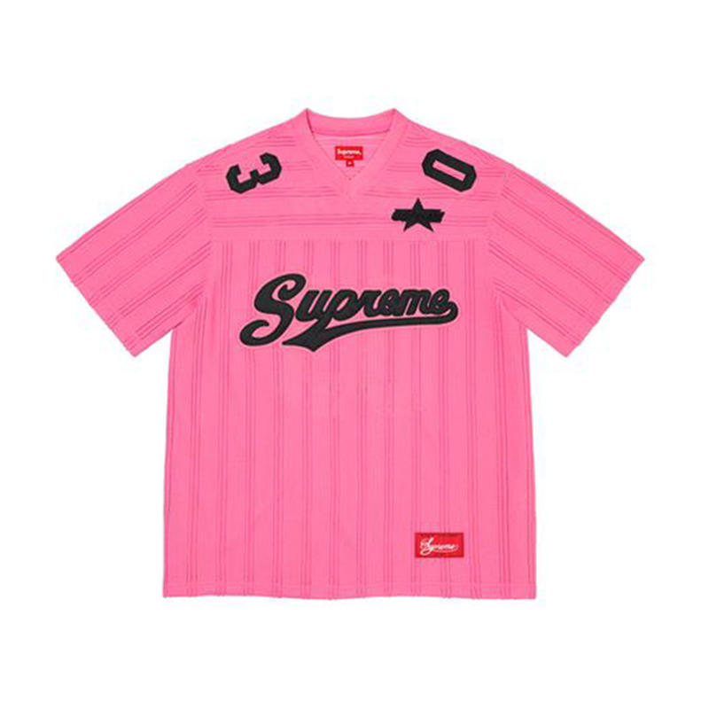Supreme Week 13 Mesh Stripe Football Jersey Logo印花网状条纹足球服短袖T恤 男女同款