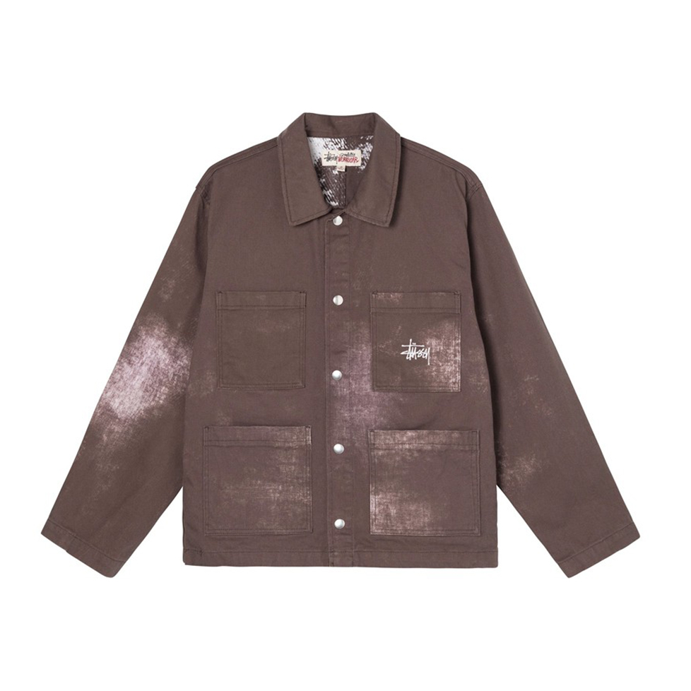 stussy spotted bleach chore jacket刺绣logo工装口袋夹克
