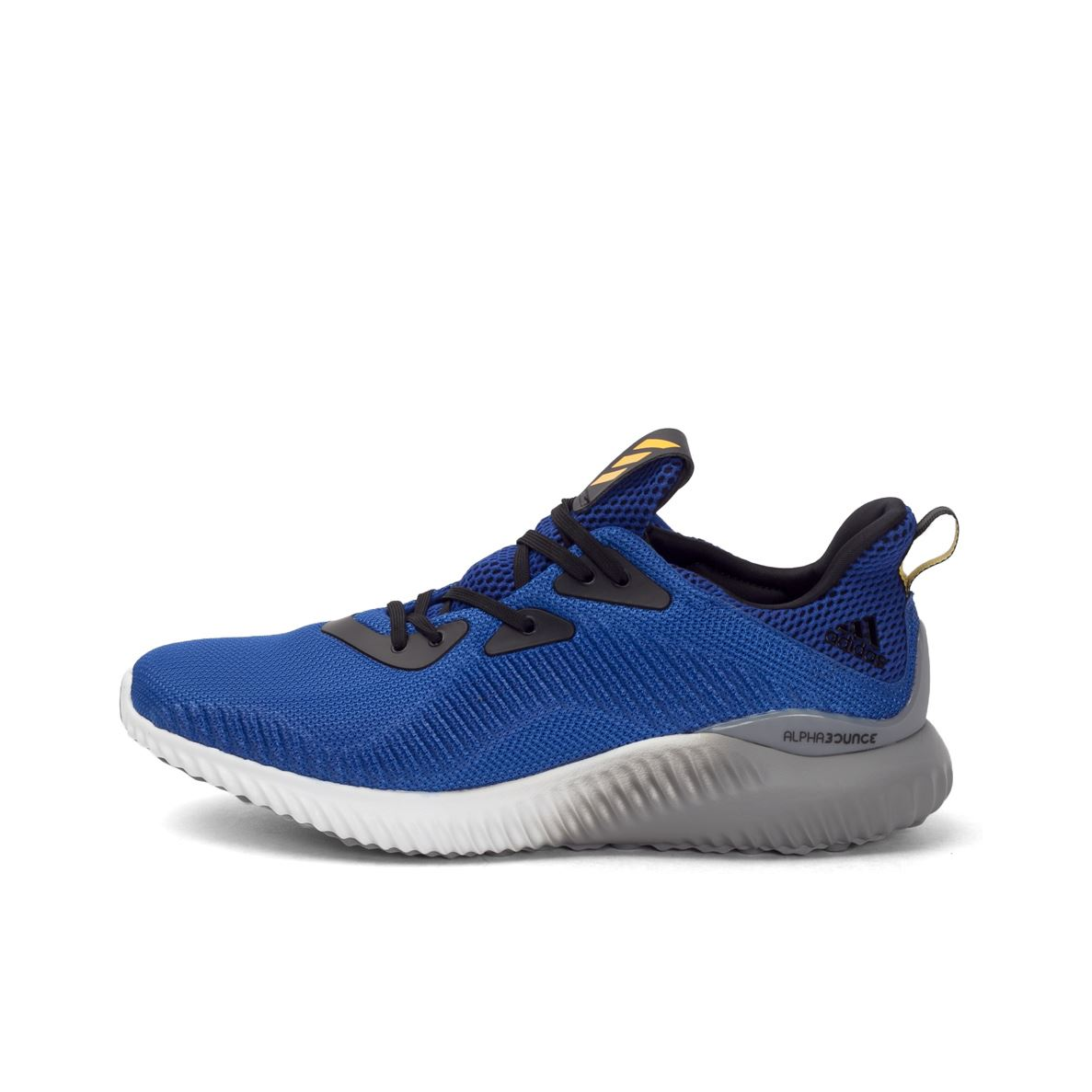 推荐商品：adidas Alpha Bounce 休闲 网面透气 防滑耐磨 减震轻便 运动 缓震 支撑 织物 舒适 跑鞋 Collegiate Royal/Solar Gold/Grey White 蓝灰