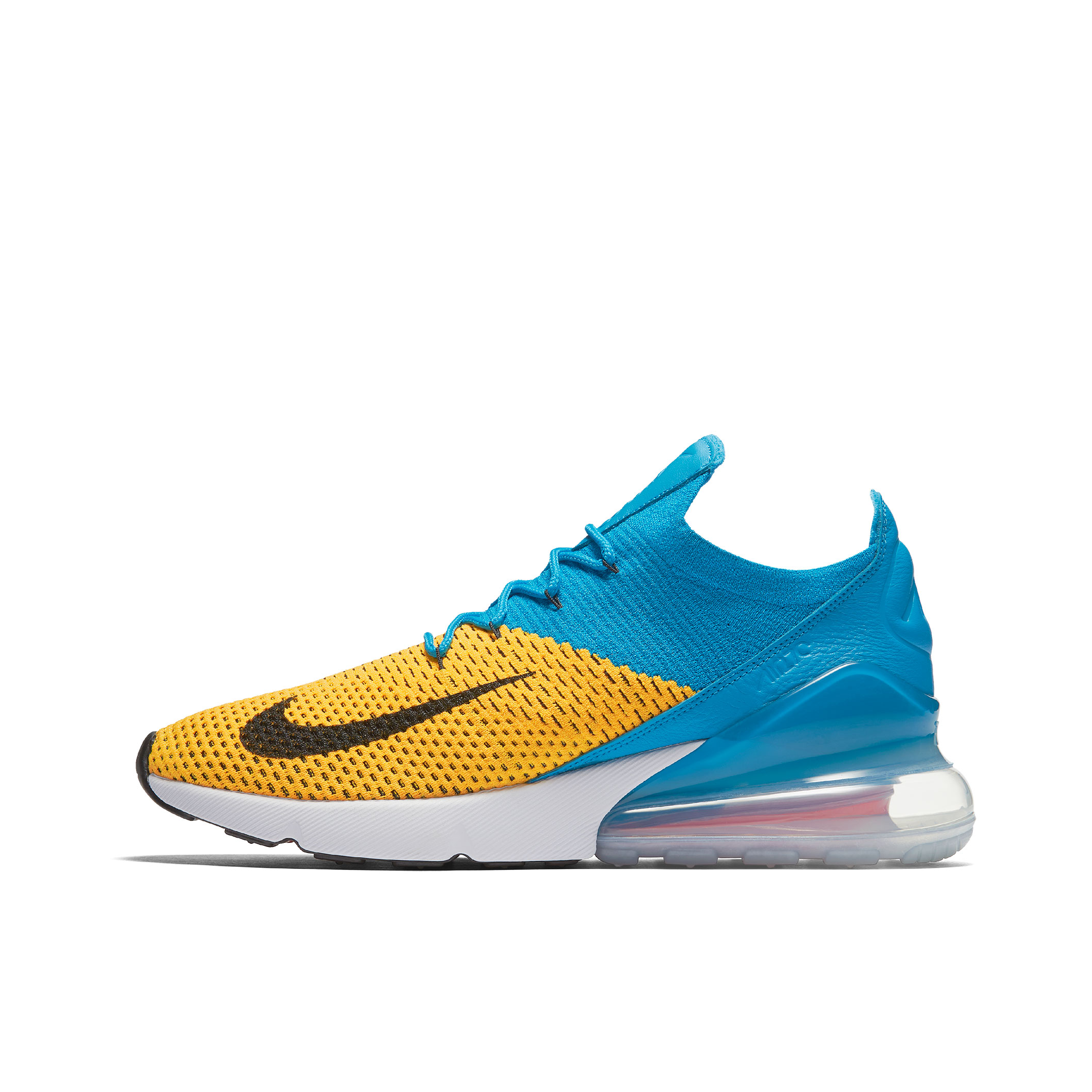 推荐商品：Nike Air Max 270 气垫缓震 轻便透气 耐磨 时尚复古 舒适百搭 防滑 支撑 防水 织物 跑鞋 Flyknit Yellow Blue 蓝黄色