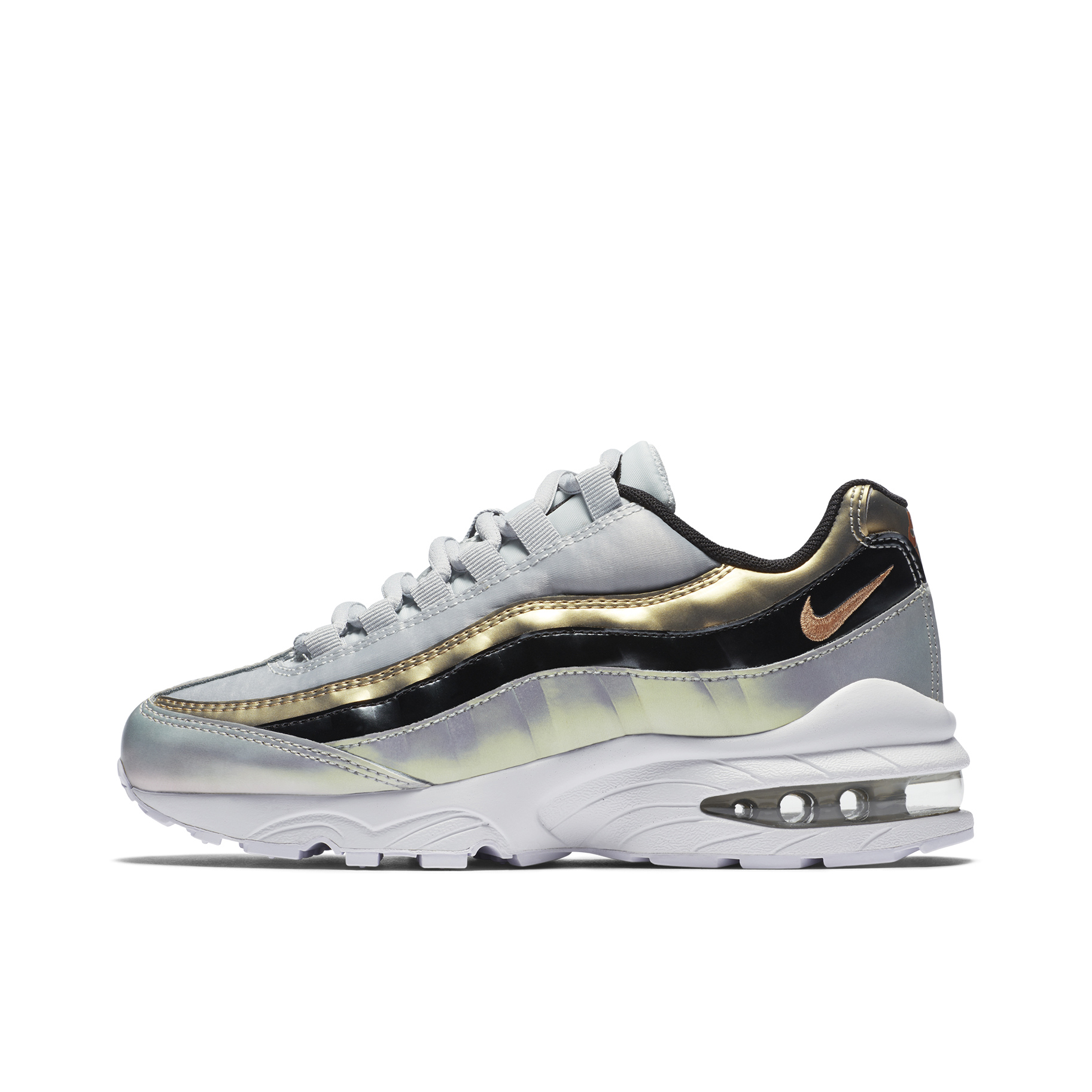 推荐商品：Nike Air Max 95 跑鞋 潮流时尚复古百搭防滑耐磨舒适透气防水气垫织物支撑低帮缓震贴合耐用圆头 Metallic Platinum/Elemental Rose 金属渐变