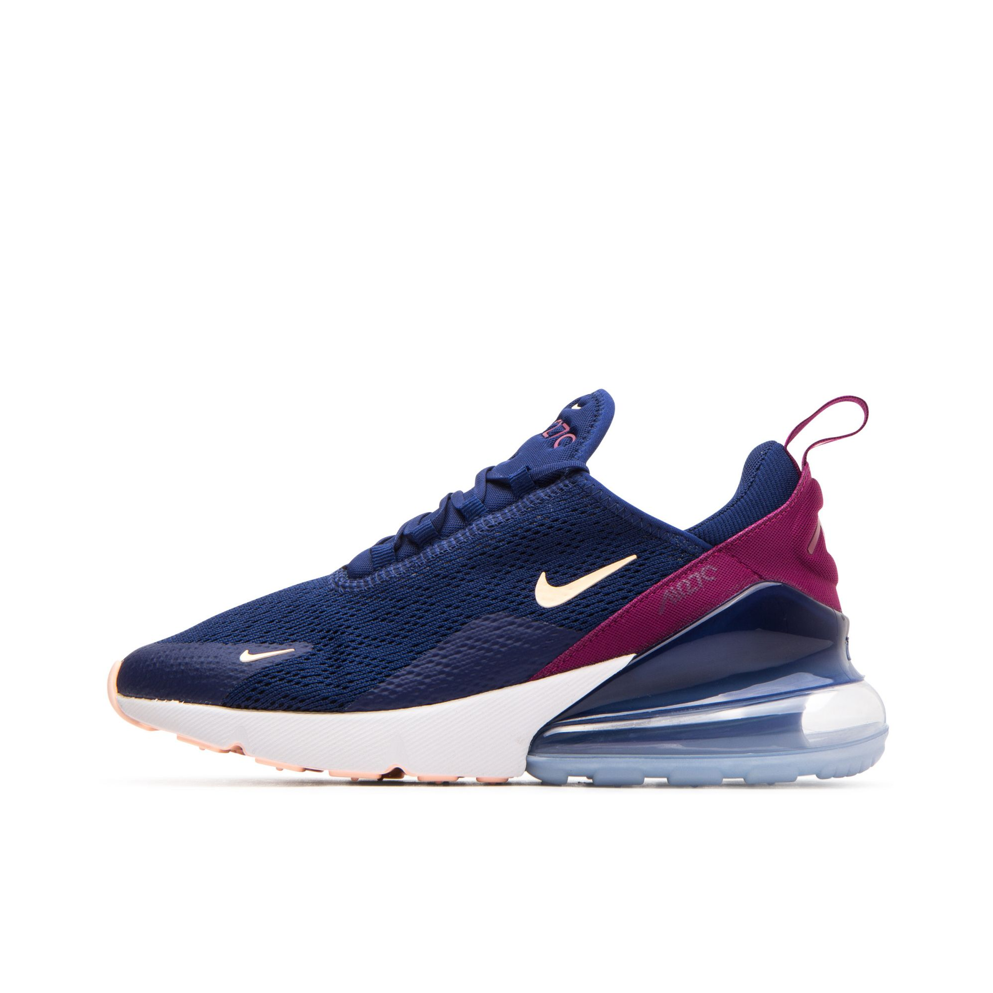 推荐商品：Nike Air Max 270 气垫缓震 轻便透气 耐磨 时尚复古 舒适百搭 防滑 支撑 防水 织物 跑鞋 Blue Void/True Berry 藏蓝/酒红