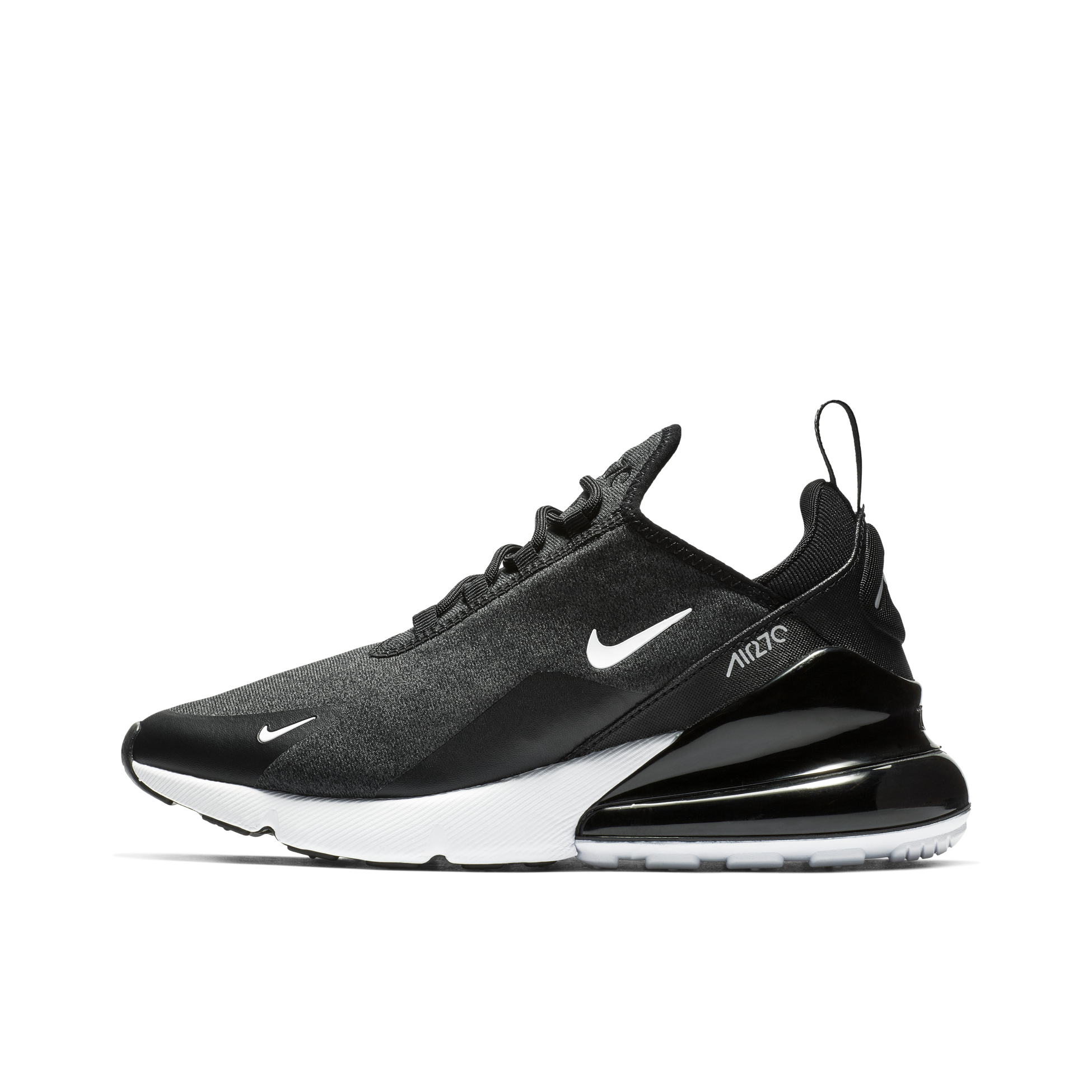 推荐商品：Nike Air Max 270 气垫缓震 轻便透气 耐磨 时尚复古 舒适百搭 防滑 支撑 防水 织物 跑鞋 Black Heather 黑灰白