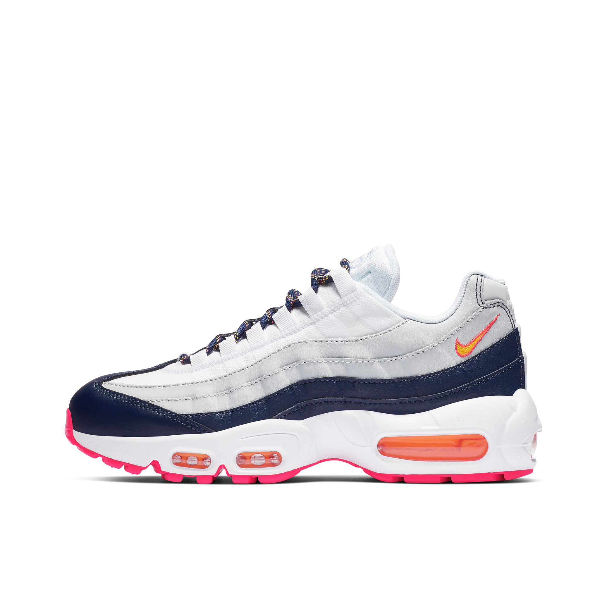 推荐商品：Nike Air Max 95 跑鞋 潮流时尚复古百搭防滑耐磨舒适透气防水气垫织物支撑低帮缓震贴合耐用圆头 Midnight Navy/ Laser Orange 灰白/藏蓝橙