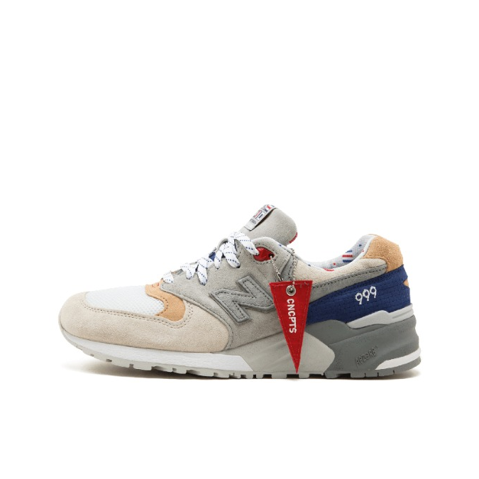 推荐商品：New Balance 999 跑鞋 减震防滑轻便透气耐磨复古经典合成革织物低帮 Grey/Blue CC联名/灰红蓝