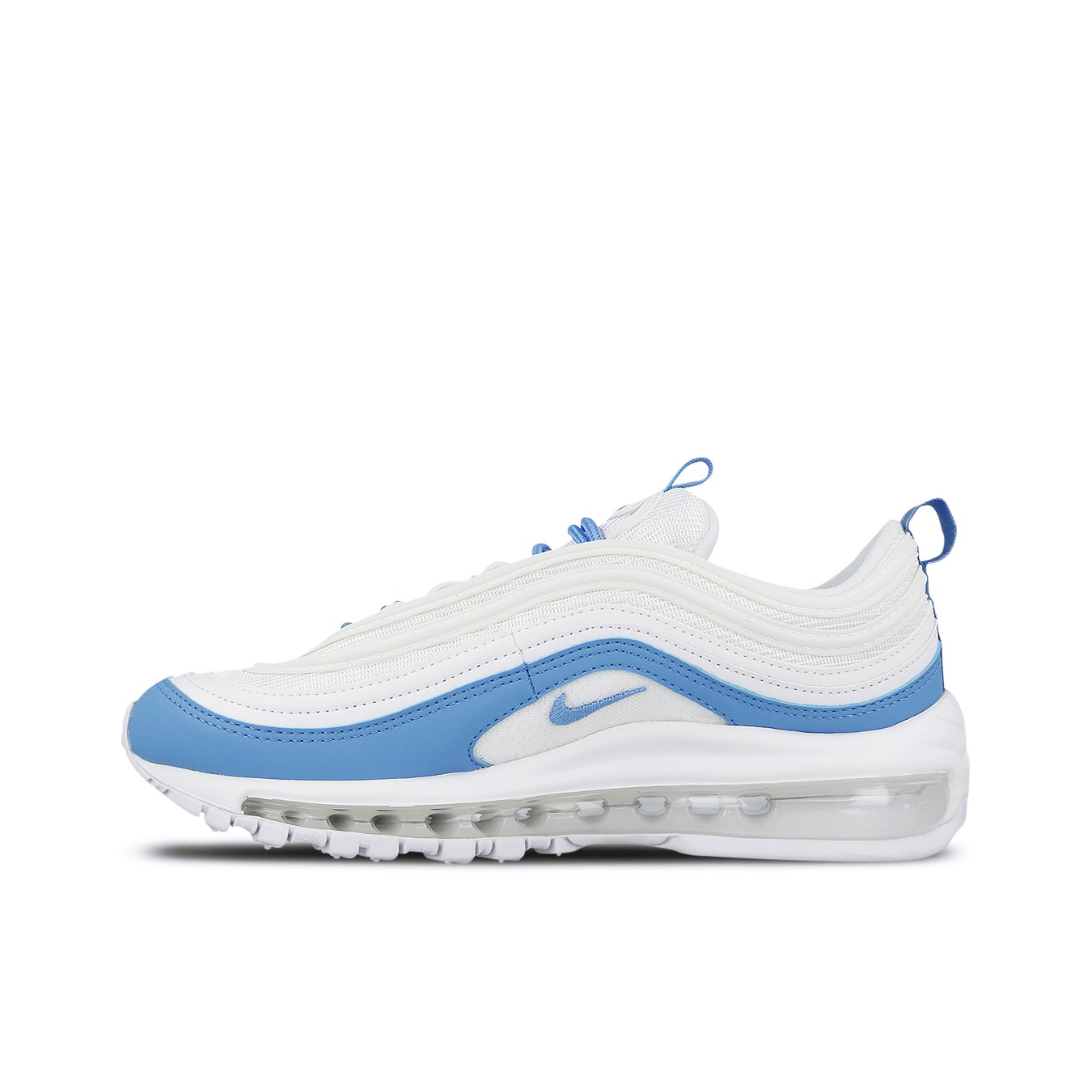 推荐商品：Nike Air Max 97 跑鞋 气垫减震全掌舒适透气防滑耐磨百搭复古织物合成革运动时尚圆头包裹性支撑 White/Blue 白北卡