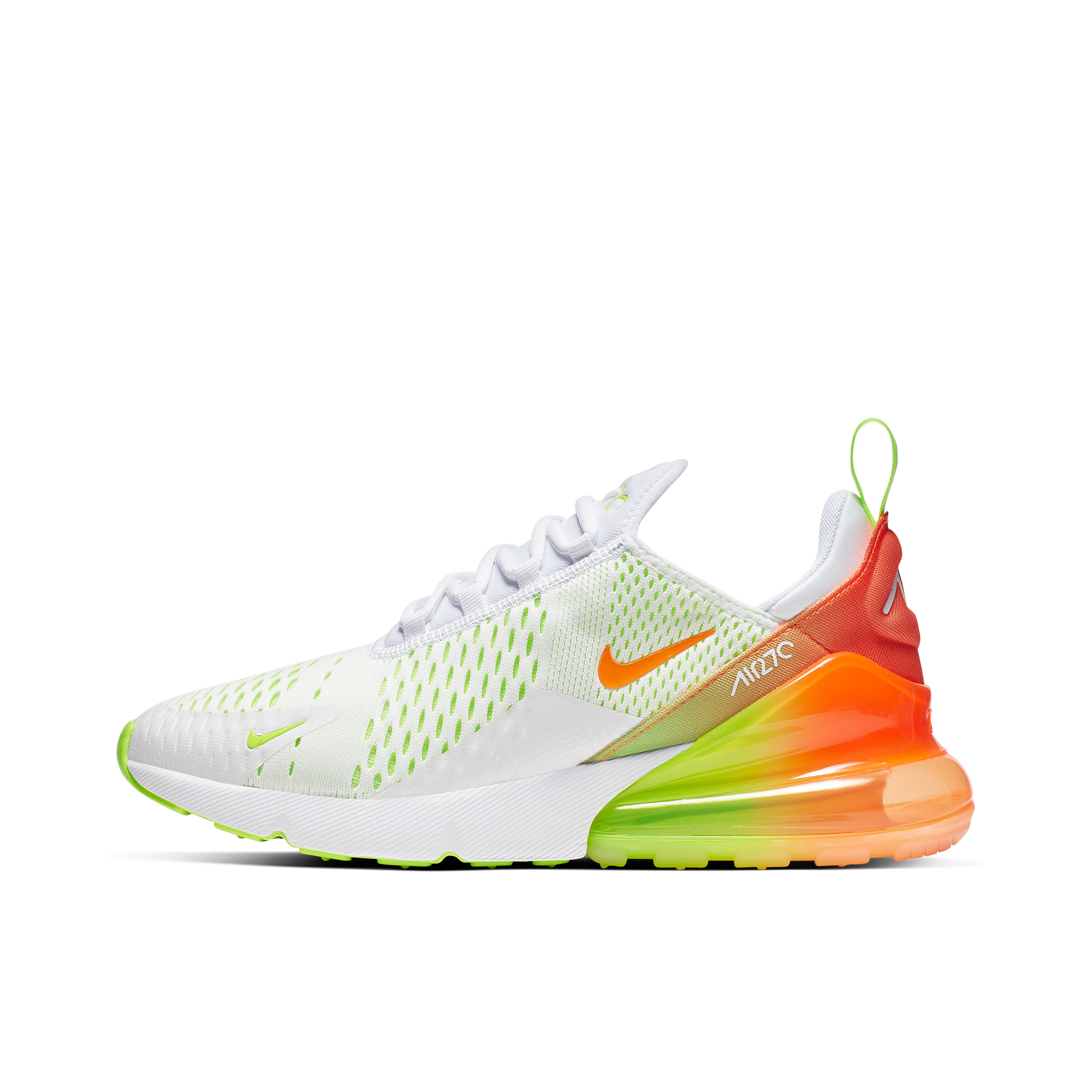 推荐商品：Nike Air Max 270 气垫缓震 轻便透气 耐磨 时尚复古 舒适百搭 防滑 支撑 防水 织物 跑鞋 Summer Gradient 白橙绿