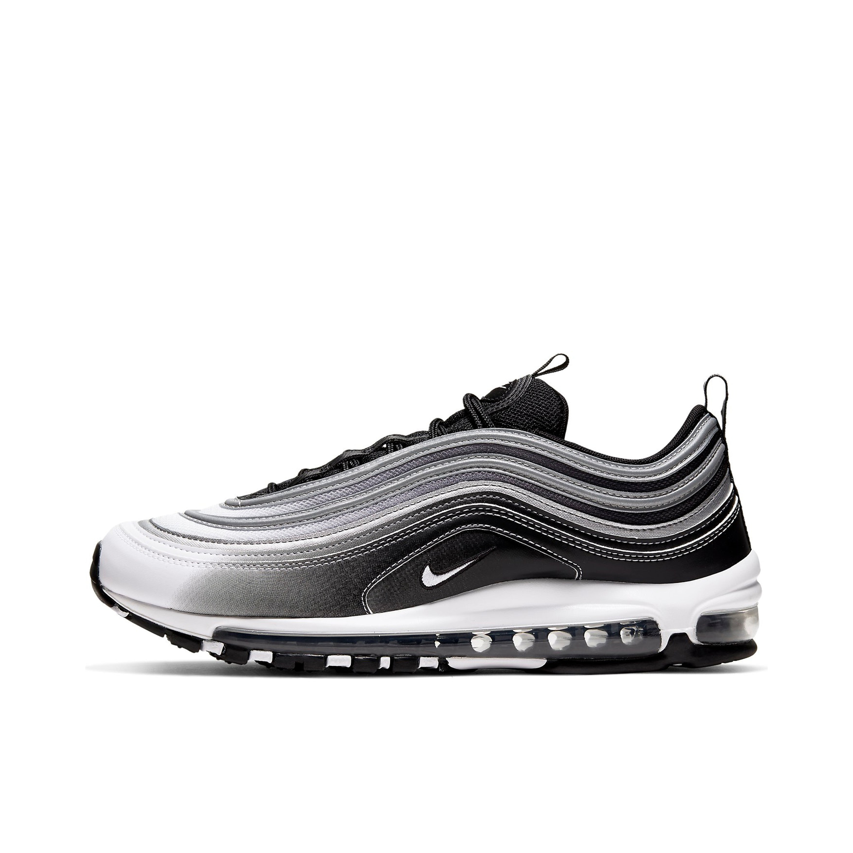 推荐商品：Nike Air Max 97 跑鞋 气垫减震全掌舒适透气防滑耐磨百搭复古织物合成革运动时尚圆头包裹性支撑 Reflective Silver 白灰渐变