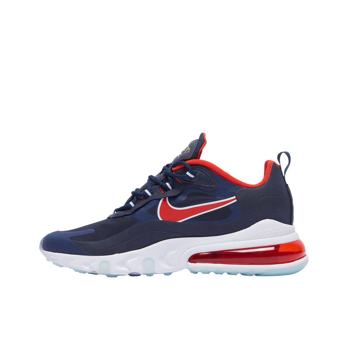 推荐商品：Nike Air Max 270 React 跑鞋 气垫缓震耐磨舒适透气复古拼接圆头回弹 Navy/Red/White 藏蓝/橘红