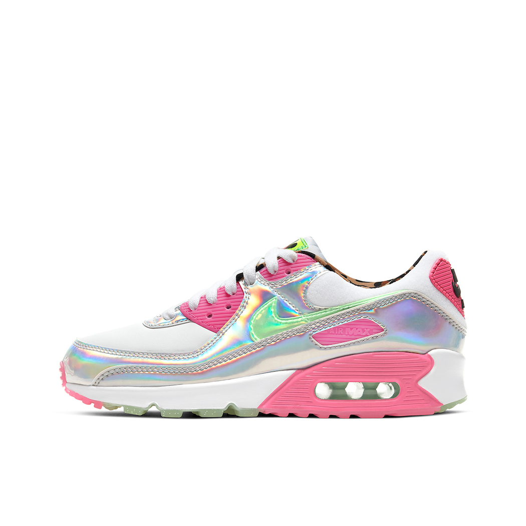 推荐商品：Nike Air Max 90 跑鞋 气垫合成革缓震透气复古增高圆头贴合拼接 Daisy Leopard Iridescent 粉白/炫光