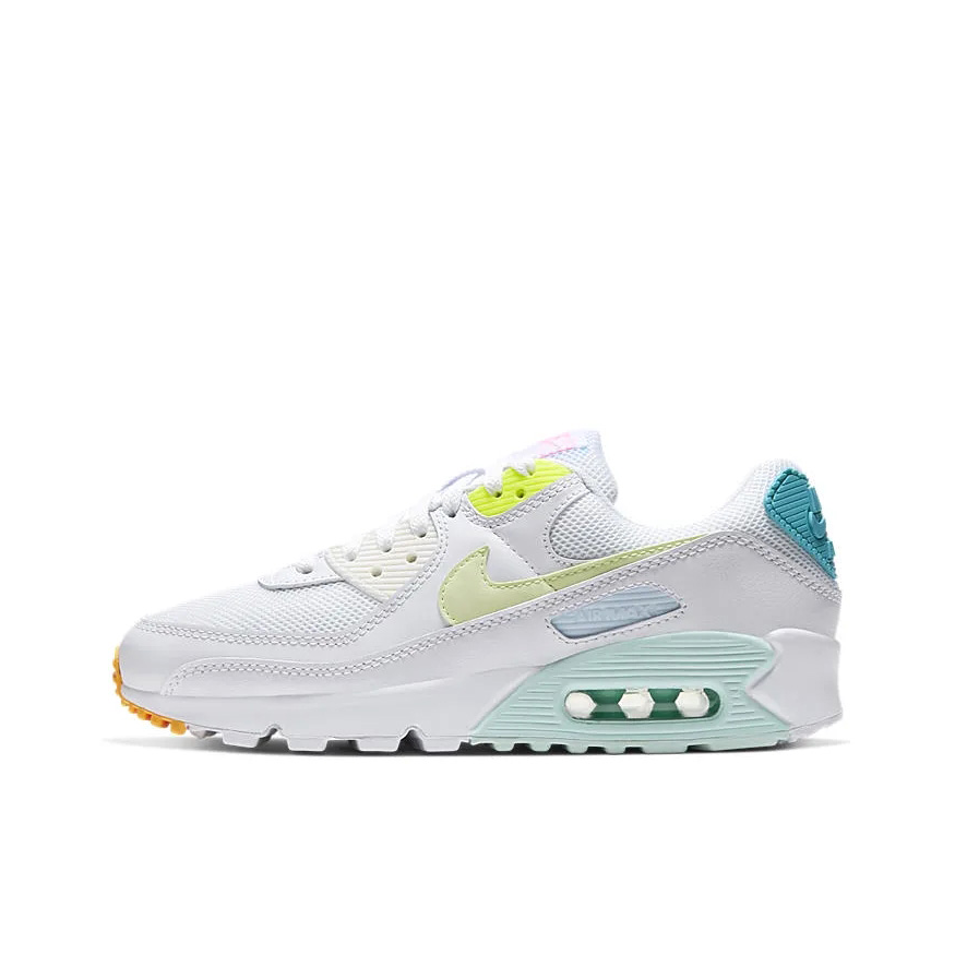 推荐商品：Nike Air Max 90 跑鞋 气垫合成革缓震透气复古增高圆头贴合拼接 Pastel Multicolor 白色/黄蓝