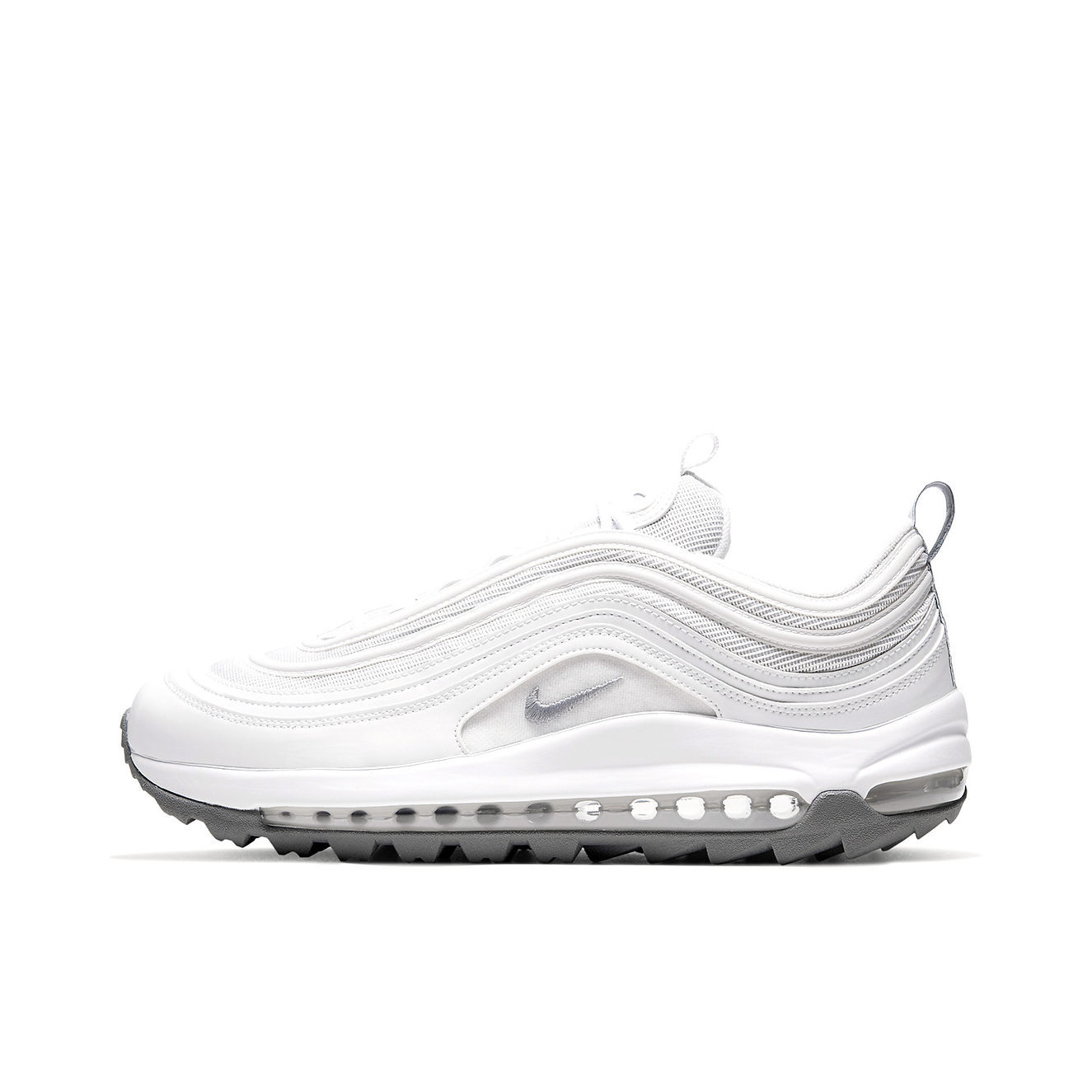 推荐商品：Nike Air Max 97 跑鞋 气垫减震全掌舒适透气防滑耐磨百搭复古织物合成革运动时尚圆头包裹性支撑 White/Grey 白色/灰色