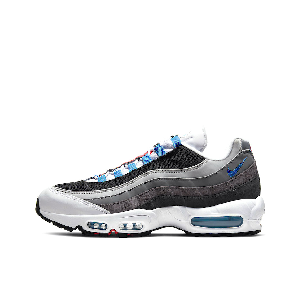推荐商品：Nike Air Max 95 跑鞋 潮流时尚复古百搭防滑耐磨舒适透气防水气垫织物支撑低帮缓震贴合耐用圆头 Greedy 灰白黑/鸳鸯