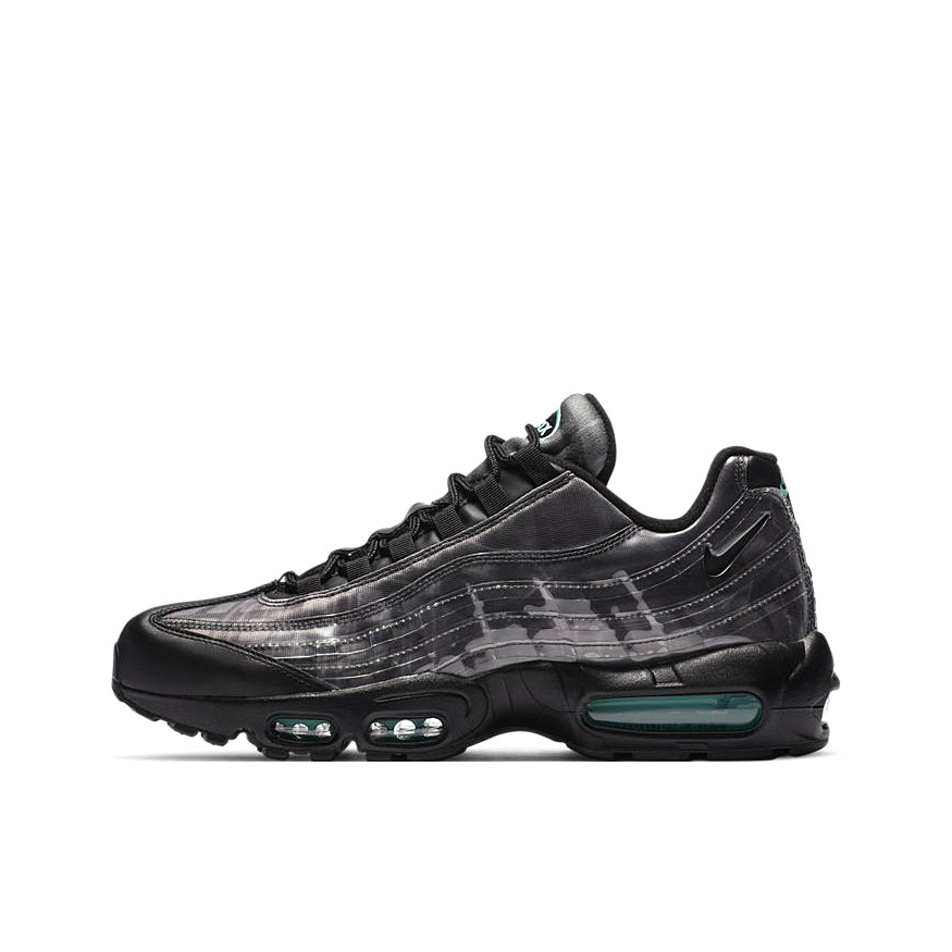 推荐商品：Nike Air Max 95 跑鞋 潮流时尚复古百搭防滑耐磨舒适透气防水气垫织物支撑低帮缓震贴合耐用圆头 黑色/烟灰色/极光绿