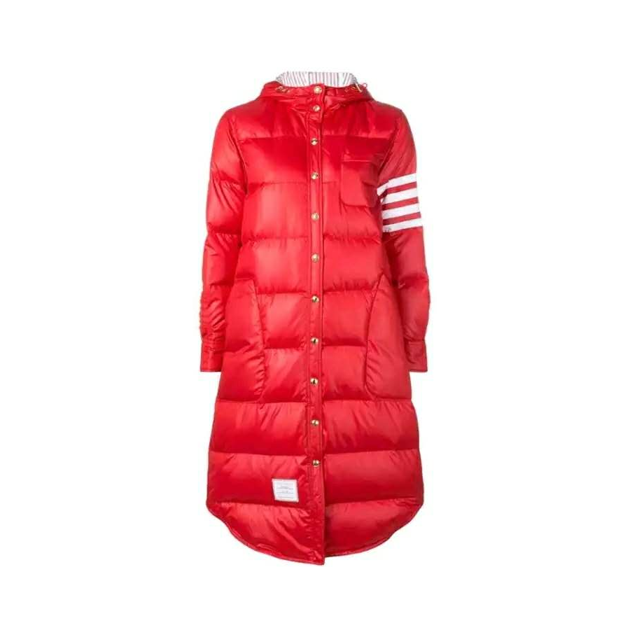 Thom Browne 女士红色四条纹中长款连帽羽绒服 FOD025X02504