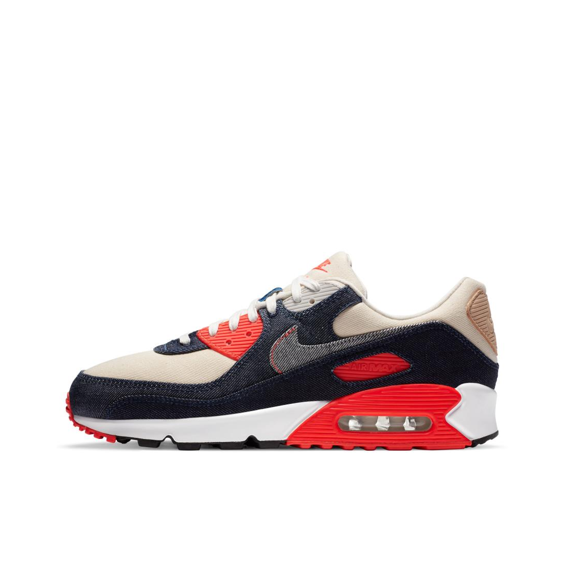 推荐商品：Nike Air Max 90 跑鞋 气垫合成革缓震透气复古增高圆头贴合拼接 NDenham联名/牛仔蓝/淡褐/红外线红