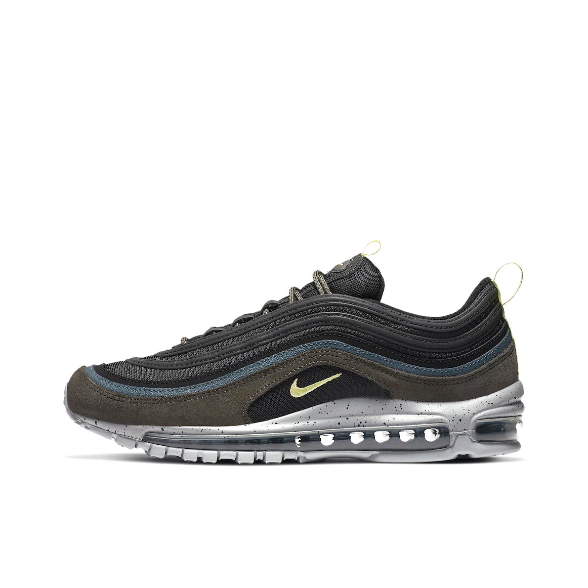推荐商品：Nike Air Max 97 跑鞋 气垫减震全掌舒适透气防滑耐磨百搭复古织物合成革运动时尚圆头包裹性支撑 Newsprint Ash Green 黑色/橄榄绿/蓝色