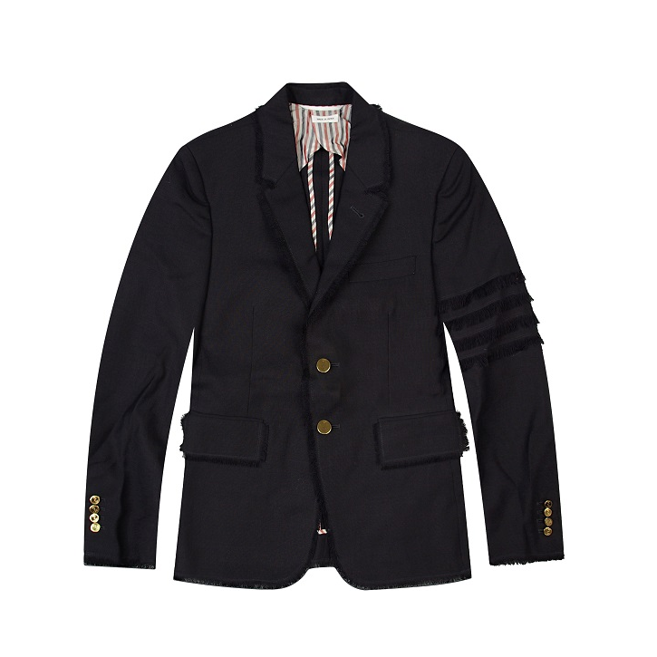 Thom Browne 男款藏蓝色手臂刺绣条纹羊毛西服