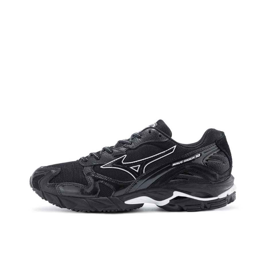 推荐商品：Mizuno/美津浓  Wave Rider 10  经典减震 防滑耐磨 轻便  网布 透气 织物 复古 合成革 运动  跑鞋 黑色/白色