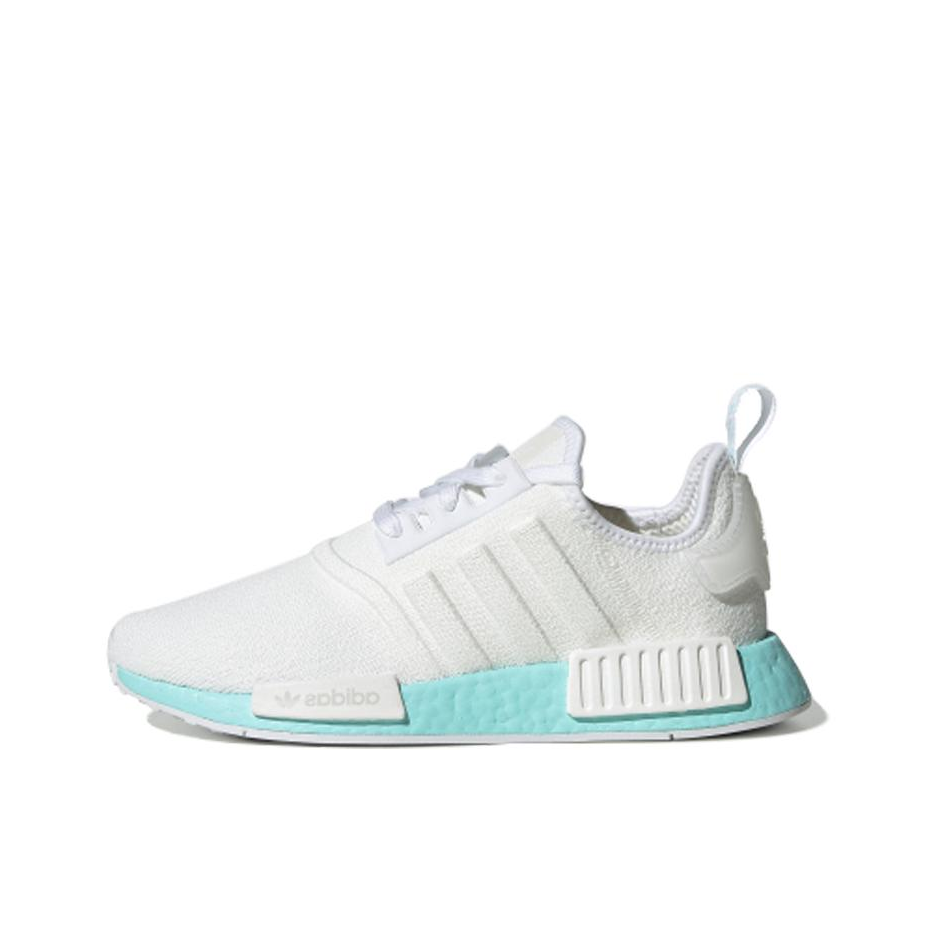 推荐商品：adidas Originals NMD R1 BOOST 织物 轻便透气 缓震 低帮 运动休闲鞋 Cloud White/Clear Aqua 白色/水蓝