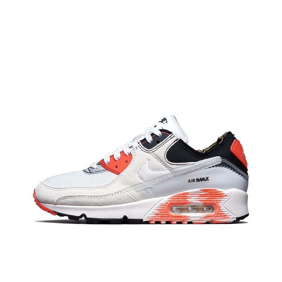推荐商品：Nike Air Max 90 跑鞋 气垫合成革缓震透气复古增高圆头贴合拼接 Archetype 白色/黑色/亮橙
