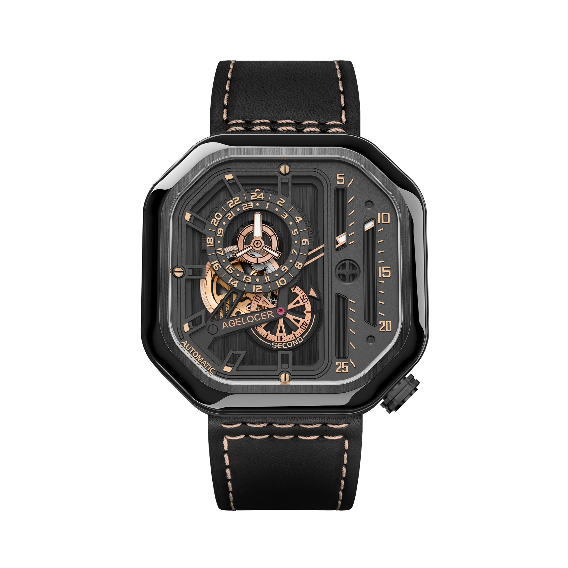 推荐商品：agelocer/艾戈勒 橡胶表带速度与激情防水大表盘镂空方形全自动机械运动男士手表