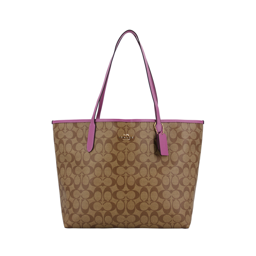 Coach City Tote 33系列 大号 大容量PVC老花敞口撞色涂层帆布配皮按扣开合托特单肩手提包 卡其拼紫边