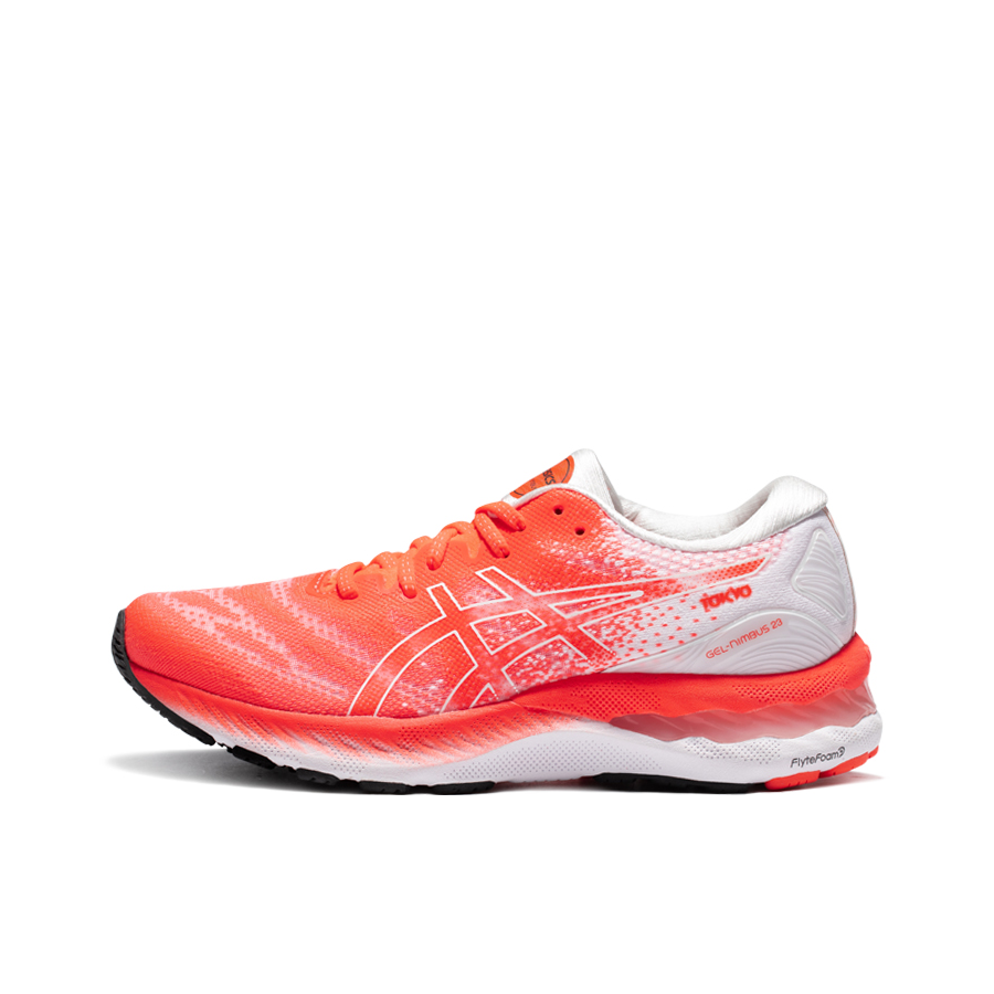 推荐商品：Asics/亚瑟士 Gel-Nimbus 23 跑鞋 缓震回弹防滑耐磨网面透气舒适支撑马拉松时尚织物圆头 女款/橘红/白色