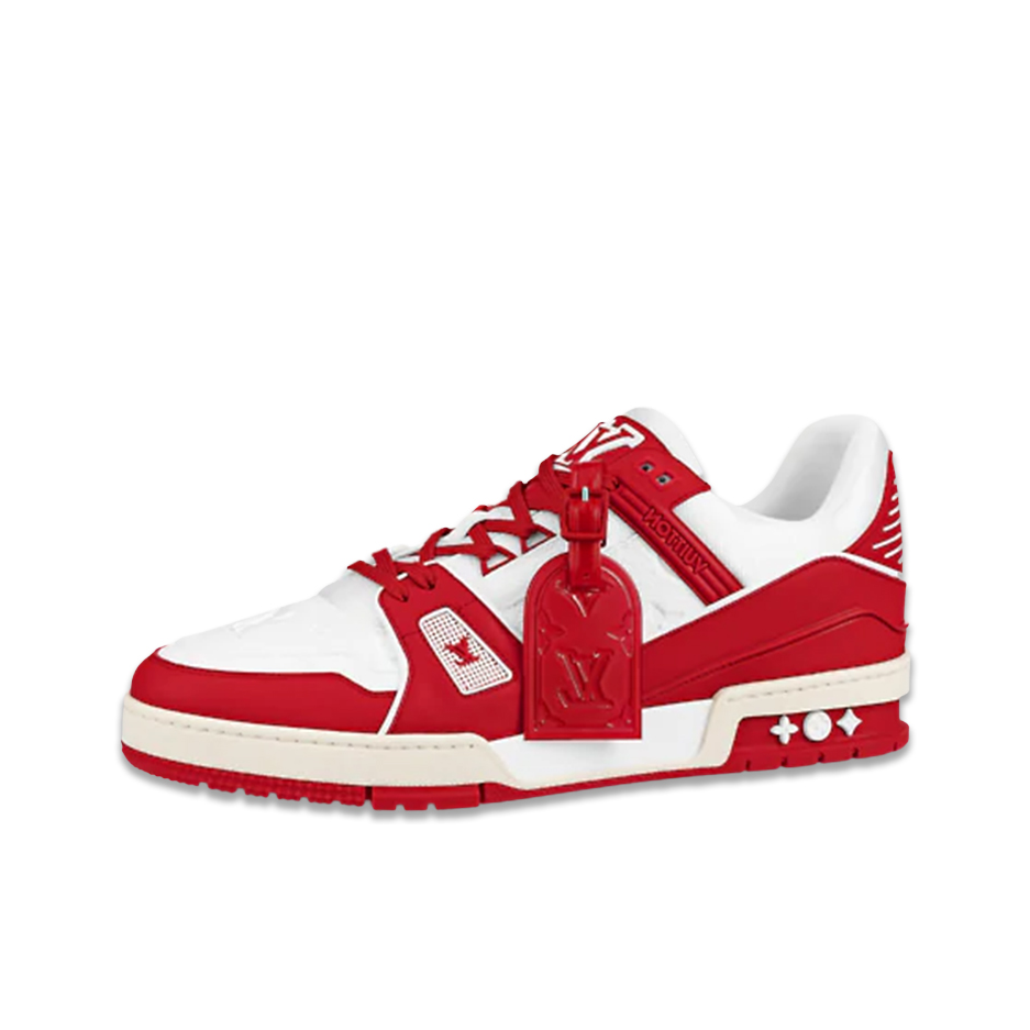 推荐商品：Louis Vuitton Trainer系列 网眼 舒适防滑 时尚潮流 圆头拼接 牛皮革 压纹 板鞋 红色/白色
