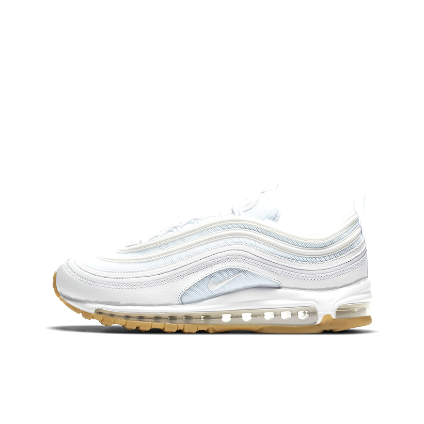 推荐商品：Nike Air Max 97 跑鞋 气垫减震全掌舒适透气防滑耐磨百搭复古织物合成革运动时尚圆头包裹性支撑 White Gum 白色/生胶底